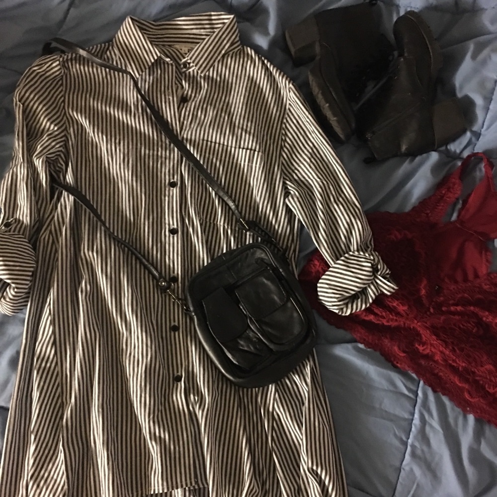 Charcoal and white striped button up dress